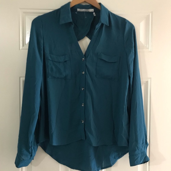 Teal Asymmetrical long sleeve blouse - Picture 1 of 2